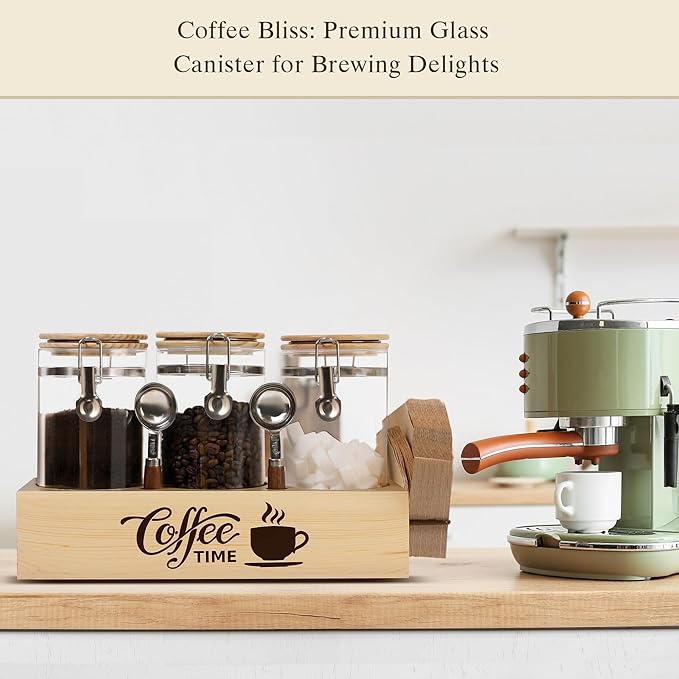 Glass Coffee Canister Set with Shelf & Spoons - 3 Piece Airtight Seal Coffee Bean Storage Containers & Filter Holder for Kitchen Organization