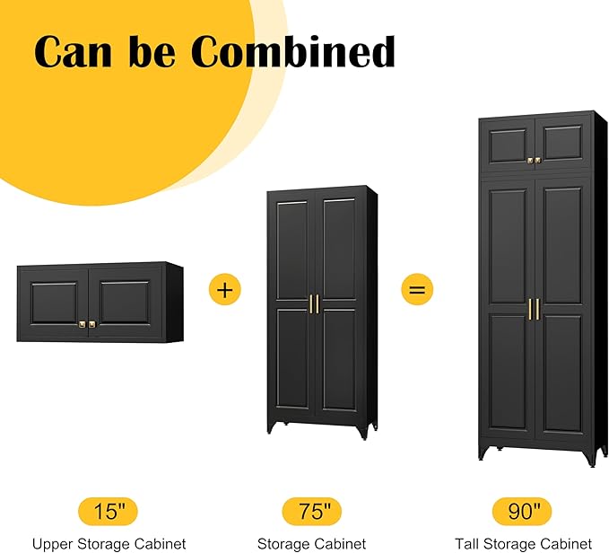 90?쒴itchen Pantry Cabinet,Metal Storage Cabinets with Doors and 4 Adjustable Shelves,Black Kitchen Cabinet with 2 Gold Handles,Tall Cabinet for Livingroom, Bathroom