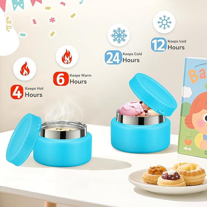 Aimsnk Kids Bento Lunch Box with 8oz Soup Thermo, Kids Leakproof Lunch Food Containers with 4 Compartment,Insulated Hot Food Jar with Lunch Bag for School, Travel (Blue-No lunch bag)