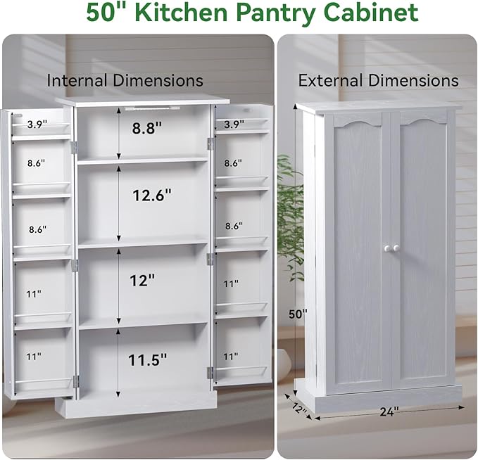 50" LED Kitchen Pantry Cabinet White Storage Cabinet Food Pantry with Doors and Adjustable Shelves Freestanding Buffet Cupboards Sideboard for Kitchen Living Room and Dinning Room