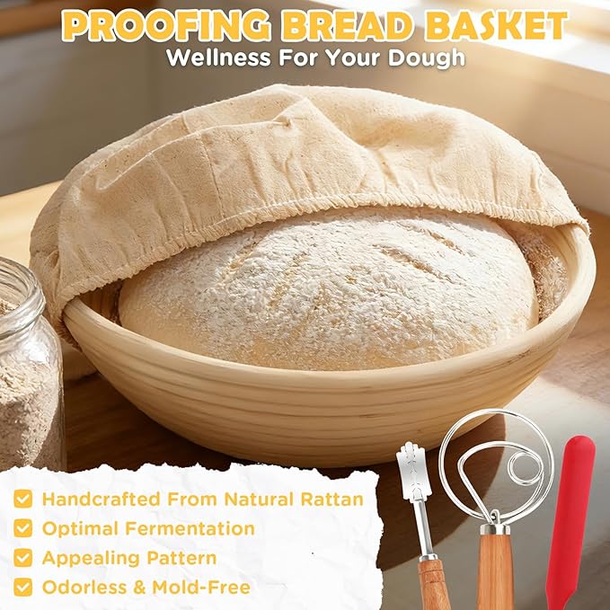Enameled Cast Iron Dutch Oven Pot with Lid, Incl. Sourdough Bread Baking Supplies Like Banneton Bread Proofing Basket, Starter Jar, Scoring Tool Lame, 5QT Dutch Oven for Bread Baking, Oven Safe up to 500째F