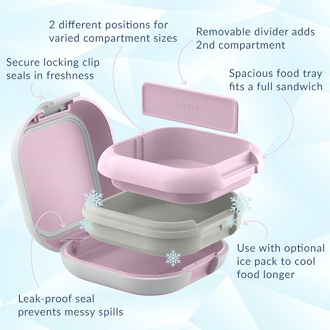 Bentgo Chill Mini Leak-Proof Lunch Box ??Built-In Ice Pack Keeps Food Cold, 2.7-Cup Capacity for Snacks or a Sandwich, 3 or 4 Compartments, PFAS & BPA-Free, Ideal for Adults & Kids 3+ (Lilac Mist)