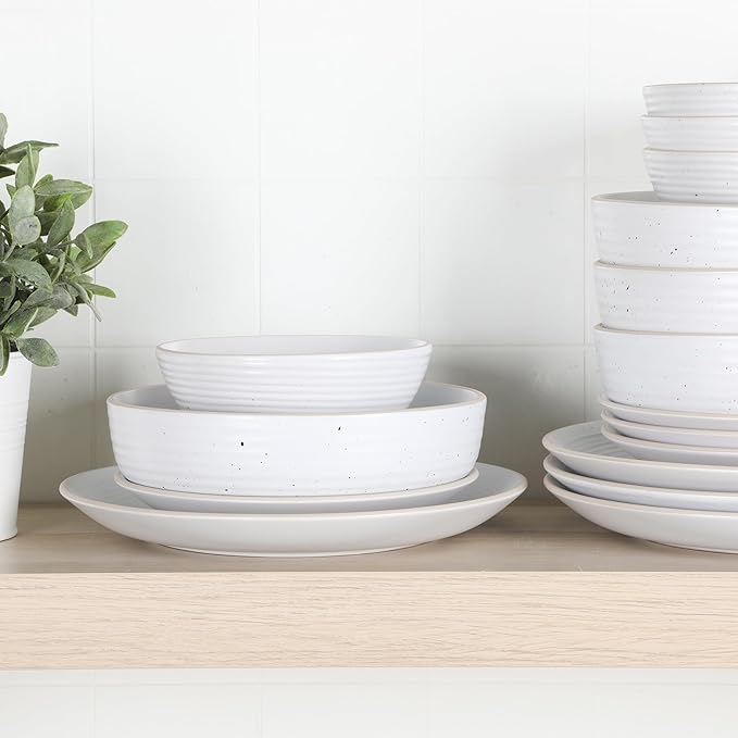 Gibson Home Dinah 16-Piece Matte White Stoneware Dinnerware Set ??Double Bowl, Embossed Speckled Design, Durable Kitchen Dinnerware