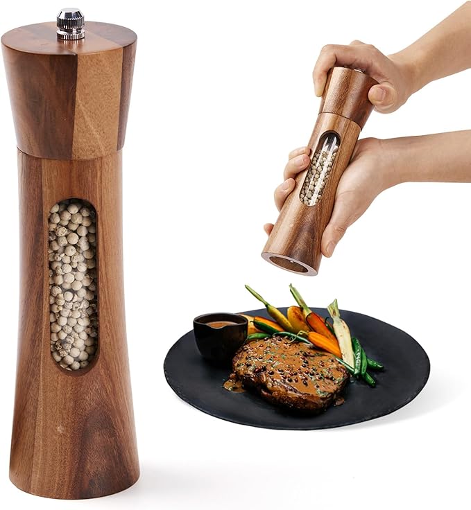 8 Inch Wooden Pepper Grinder, Acacia Wood Pepper Mill with Stainless Steel Core, Manual Pepper Mill with Comfort Grip & Effortless Grinding for Kitchen Cooking