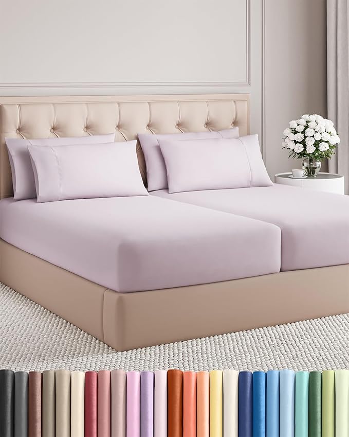 Split King 7 Piece Sheet Set - Cooling & Breathable Bed Sheets - Hotel Luxury Bed Sheets for Women, Men, Kids & Teens - Deep Pockets - Easy Fit - Soft & Wrinkle Free - Split King Light Lavender Sheets