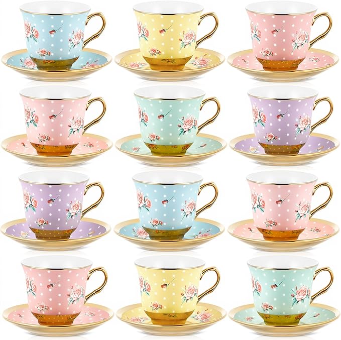 Set of 12 Tea Cups and Saucers Tea Party Decorations Floral Porcelain 5.4 oz British Gift for Women Birthday Party, Church, and Mother's Day (Vintage Style)