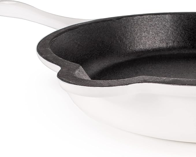 BergHOFF Neo 3Pc Enameled Cast Iron Cookware Set, Fry Pan 10 inches, Grill Pan 11 inches, Slotted Steak Press, Fast, Evenly Heat, Oven safe (White)