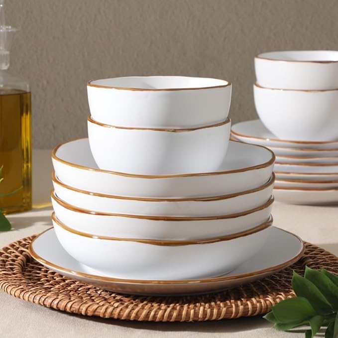 Gibson Home Hazeltine 16-Piece White Stoneware Dinnerware Set ??Plates and Bowls, Durable Ceramic Kitchen Dinner Set