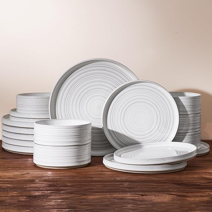 Plates and Bowls Sets for 6, Famiware Premium 18-Piece Stoneware Dinnerware Set - Reactive Glaze with Speckles & Spirals, Chip & Scratch Resistant, Dishwasher Safe, Dish Set with Gift Box, White