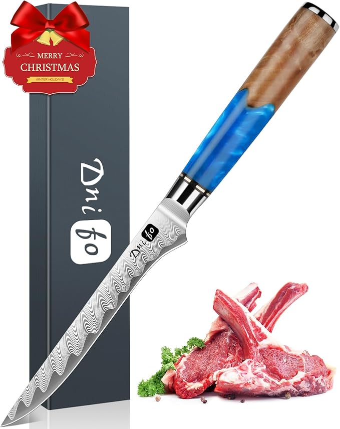 Damascus Boning Knife 6 Inch,VG10 Core Steel with 66-Layers High Carbon,Professional Boning Knives for Meat Poultry Chicken,Blue Resin & Wood Handle,Ideal Gift for Chefs and Cooking Lovers