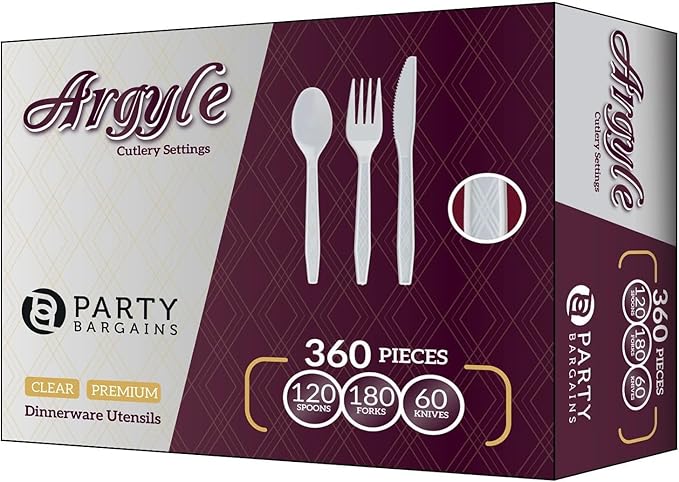 Party Bargains White Plastic Cutlery 360 pcs: 180 Forks, 120 Spoons, 60 Knives. Argyle Design, Heavy Duty & Solid Disposable Silverware Utensils Combo Pack Set for Weddings, Buffets, Luncheons