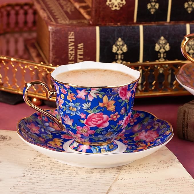 KAMMAK Tea Cups and Saucers Set of 2, Porcelain Coffee Cups with Saucer for Espresso, Cappuccino, 6.3oz Vintage Gold and Blue Ceramic Novelty Mug for Home, Tea Party, Office