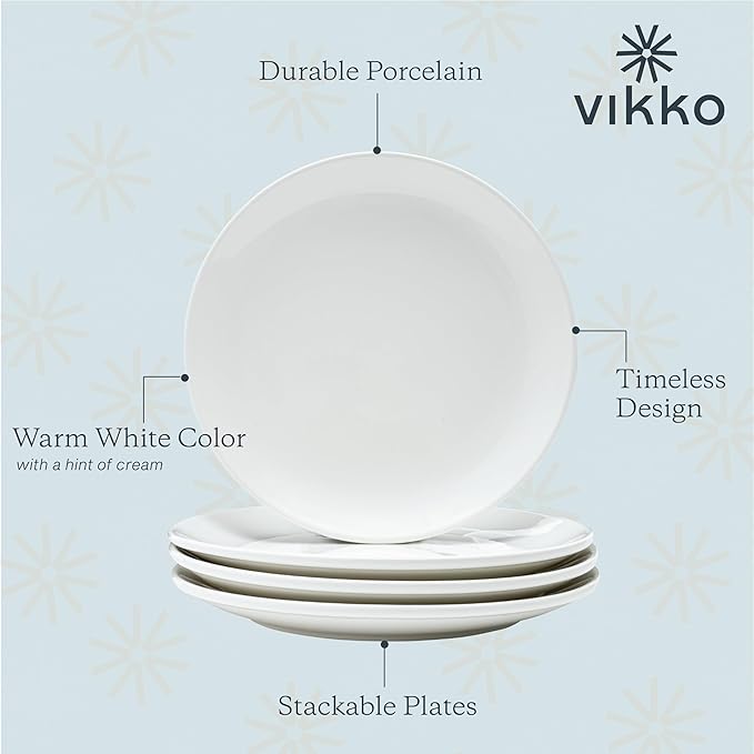 Vikko Dinner Plate, Set of 4 White Plates, Ceramic Dinner Plates Set, Stackable 12 Inch Extra Large Dinner Plates for Every Day and Special Occasion, Restaurant Style, Dishwasher Safe, Microwave Safe