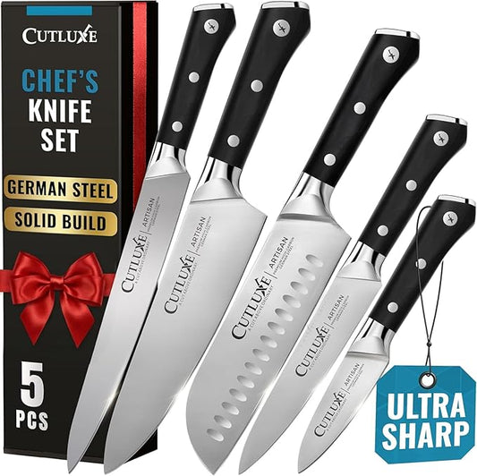 Cutluxe Kitchen Knives, 5 Pcs Chef's Knife Set ??Razor Sharp German Steel, Full Tang, Ergonomic Handles ??Artisan Series