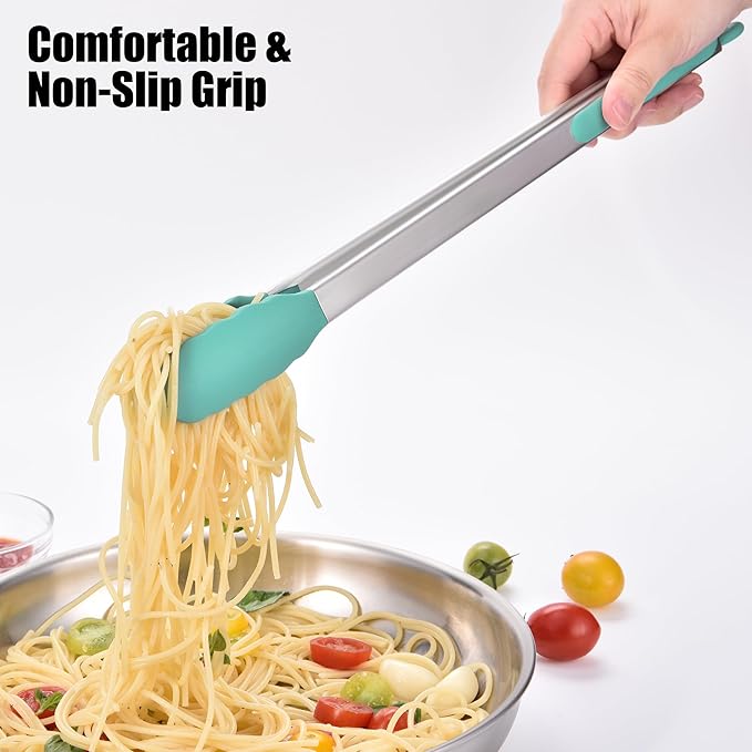 Doosu Kitchen Tongs for Cooking - 600째F Heat Resistant Food Tong with Non-Scratch Silicone Tips, Heavy Duty Stainless Steel Locking Tong for BBQ, Grilling Steak, Serving Salad, Pasta (16in, Aqua Sky)