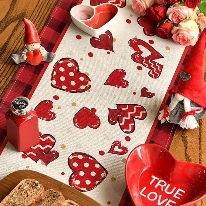 Artoid Mode Red Buffalo Plaid Heart Bow Tie Valentine's Table Runner, Seasonal Kitchen Dining Table Decoration for Home Party Decor 13x72 Inch