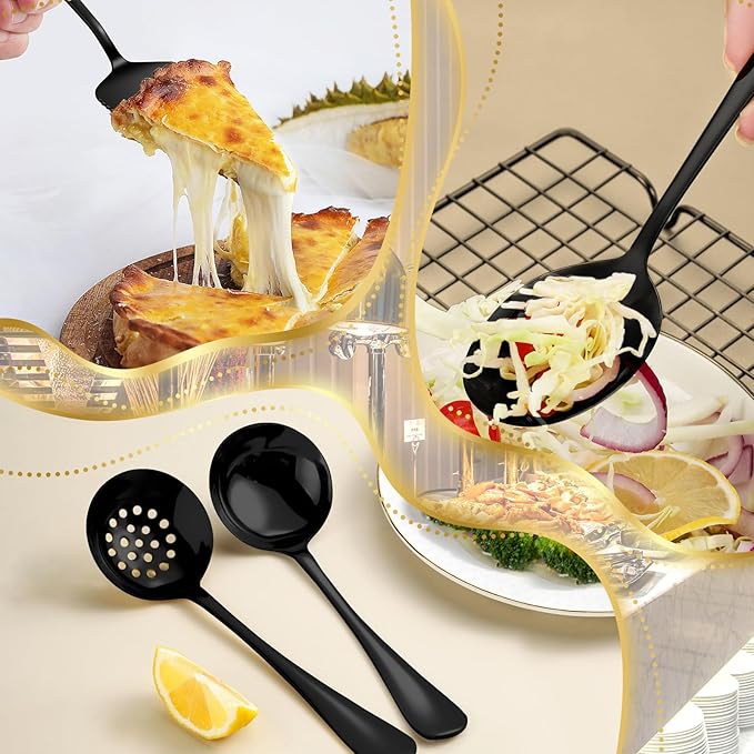 32Pcs Serving Utensils Set Serving Spoons, Buffet Tongs, Cake Spatula, Forks, Perforated Ladles, Soup Scoops, Skimmers and Black Heavy-Duty Serving Tongs (Black)