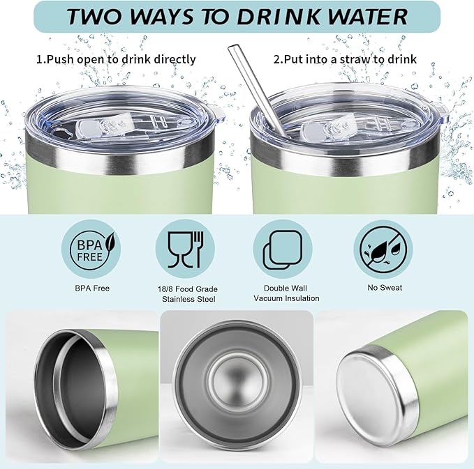 ATIKZHE 20oz Tumbler with Straw and Brush, Stainless Steel Vacuum Insulated tumbler, Double Wall Insulated Coffee Tumbler for Outdoor, Home, Travel,Office (20 cup-Matcha Green,4pcs)