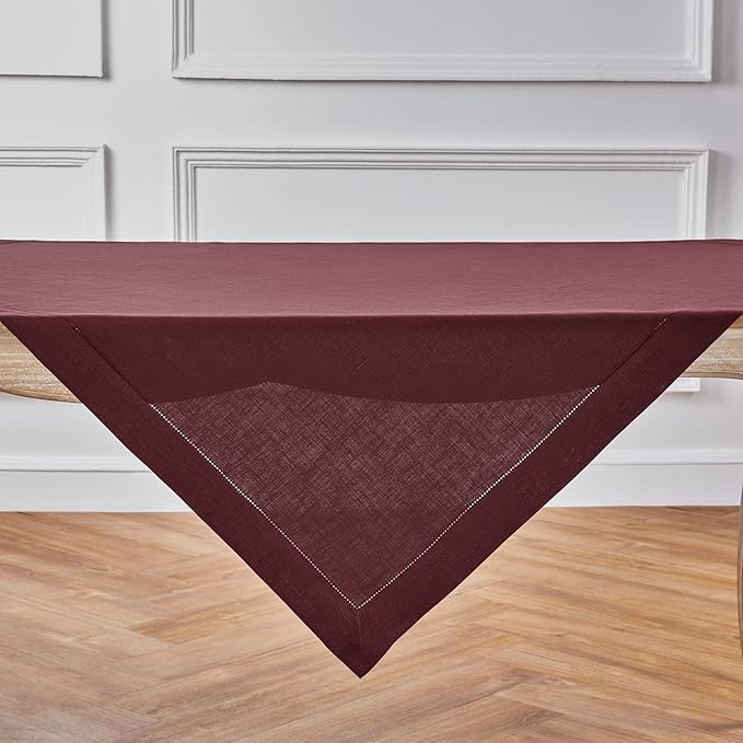 Solino Home Linen Square Tablecloth 52 x 52 Inch - 100% Pure Linen Burgundy Table Throw - Classic Hemstitch, Machine Washable Table Cloth for Winter, Valentines