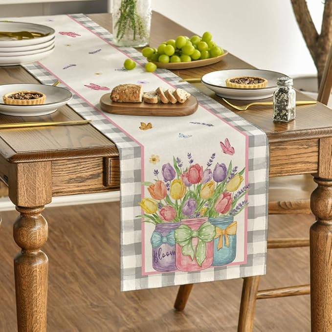 Artoid Mode Buffalo Plaid Vase Lavender Tulip Spring Table Runner, Seasonal Kitchen Dining Table Decoration for Home Party Decor 13x120 Inch