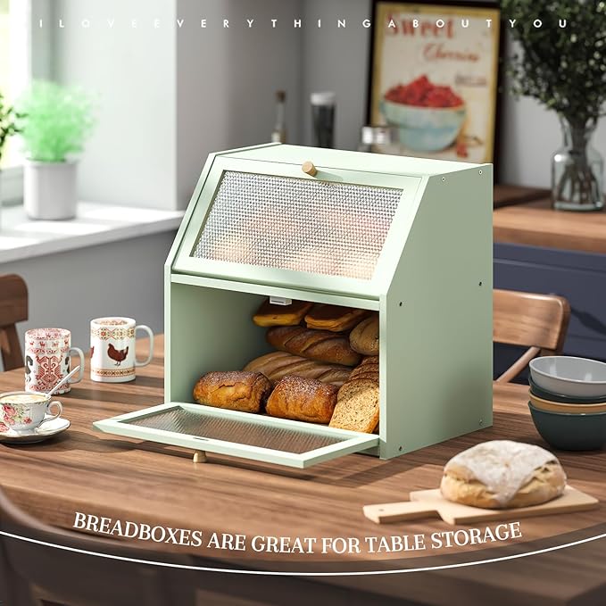 Bread Box for Kitchen Countertop Bin Double Layer Bread Box Storage Container Extra Large Capacity Farmhouse with Diamond Pattern Windows (Green, Large)