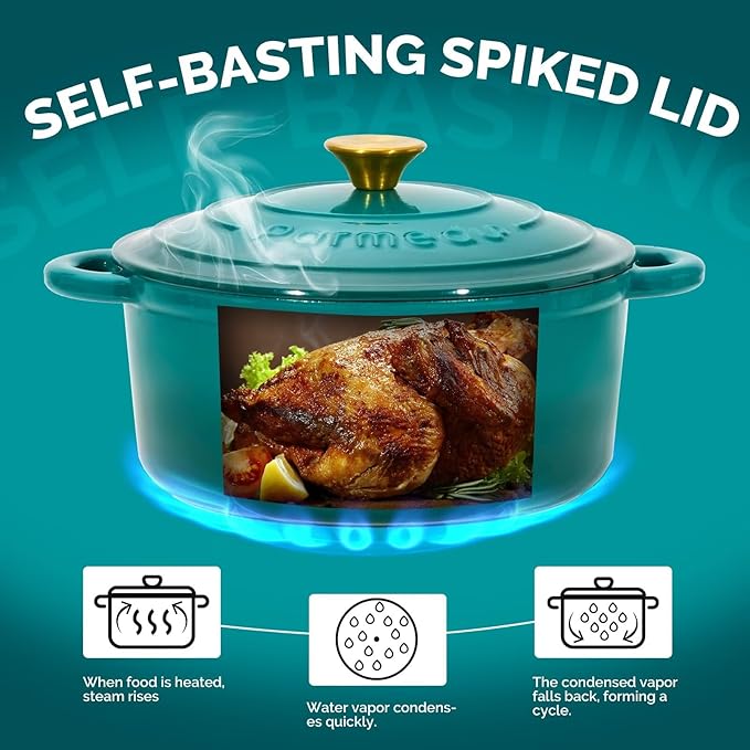 Parmedu Enameled Cast Iron Dutch Oven-5.5 Quart Pot with Lid, Dual Handle,Heavy Duty Cookware for Braising, Stews, Roasting, Bread Baking, Bottle Green