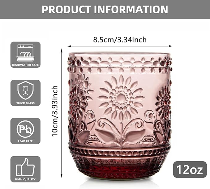 Luminthra Elegant Vintage Crystal Glassware Set, Embossed Floral Drinkware, 12oz Green and Multi-Color Glass Cups for Wine, Cocktails, and Beverages (Pink)
