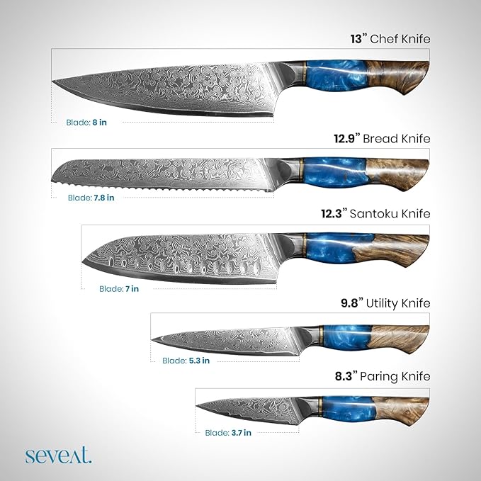 Damascus Kitchen Knife Set, 67-Layer Damascus Steel, 5-Piece Professional Chef's Japanese Knife Set for Kitchen, Ergonomic Wood & Resin Handle in Gift Box, Ideal for Gifting (Blue, 5 pieces)
