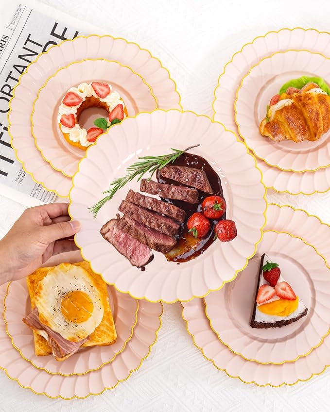 YOUBET 100PCS Pink Scalloped Plastic Plates - Heavy Duty Gold Disposable Fancy Hard Plates Include 50 Dinner Plate, 50 Dessert Plate, for Wedding & Party Valentines Day