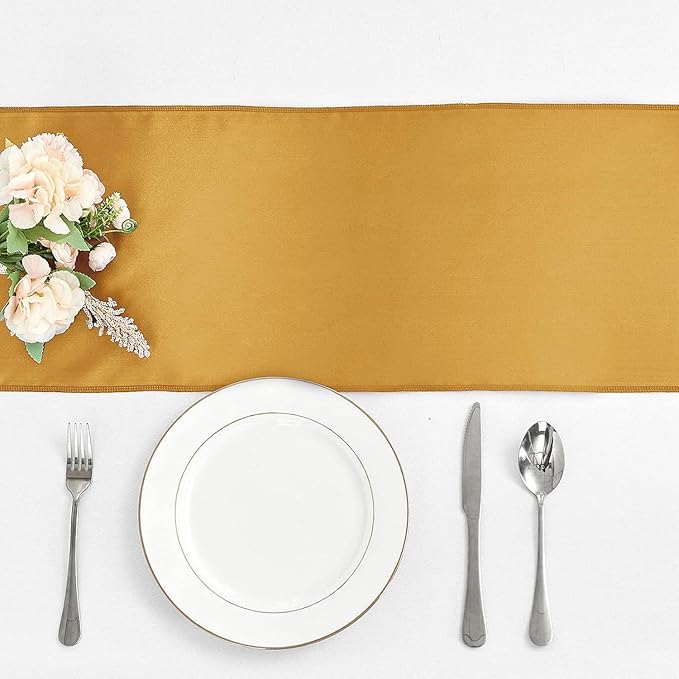 4-Pack Old Gold Satin Table Runner 12 x 108 Inch Long Bright and Smooth Silk Fabric Table Runner for Wedding Banquet Birthday Party Decoration