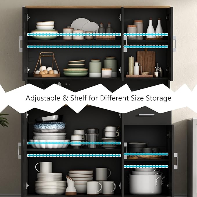 71'' Tall Kitchen Pantry Cabinet w/Power Outlet, Farmhouse Kitchen Storage Cabinet Freestanding Hutch w/Drawer, 4 Adjustable Shelf & 6 Doors for Dining (Black, 71?섃섽 x 40.24''W x15.28''D)