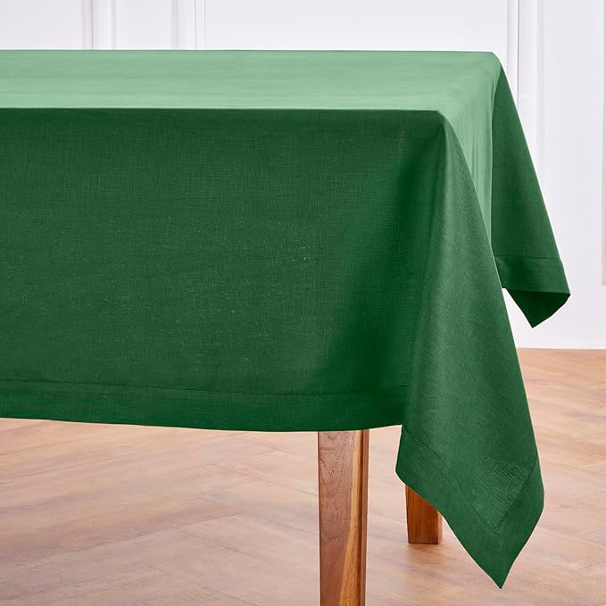 Solino Home Linen Tablecloth for Rectangle Tables 60 x 90 Inch - 100% Pure Linen Pine Green Table Cloth - Fete, Machine Washable Cloth Tablecloth