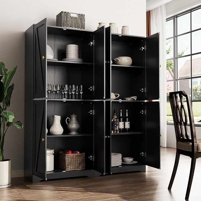 LYNSOM Farmhouse Pantry Storage Cabinet Set of 2, 72" Tall Kitchen Pantry Cabinet with 4 Barn Doors and Adjustable Shelves, Black Storage Cabinets for Kitchen, Dining Room, Black