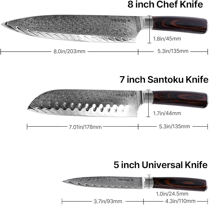 Damascus Knife Set, 3PCS High Carbon Professional Japanese Knives with Ergonomic Handle,VG10 Steel Core Chef Knife Set for Gift for Mom Dad