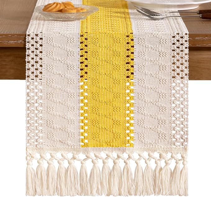 Socomi Boho Table Runner Valentine's Day Farmhouse Rustic Dining Kitchen Centerpiece Decor Small Macrame Woven Cotton Coffee Table Runner for Dresser Scarf Home Decor 12x48 in Yellow Gold Ivory