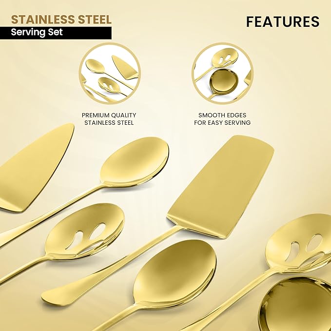 Avador짰 Premium Set of 8 Stainless Steel Hostess Serving Utensil Tool Set for Weddings | Buffer | Party | Kitchen | Restaurants (Gold Plated)