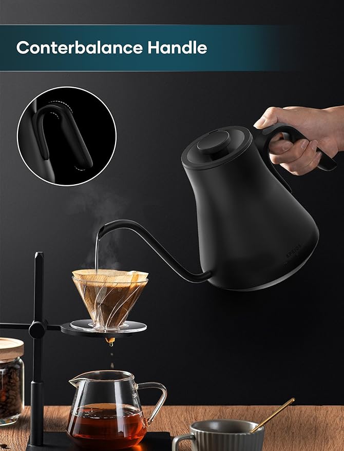 Gooseneck Electric Kettle with 짹1??Temperature Control for Pour Over Coffee & Tea, Quick Heating, BPA-Free Stainless Steel, Built-in Brew Timer, 1500W/0.9L (Ebony Black)