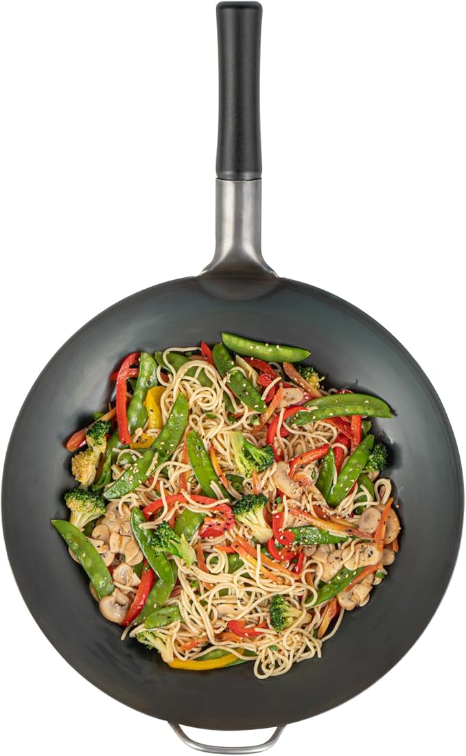 Restaurantware Carbon Steel Wok 1 Pack of 14 Inch Heavy-Duty Uniform Heat Distribution Pan Induction Compatible Round Bottom Wok Welded Handle Black For Gas Stovetops And Grills