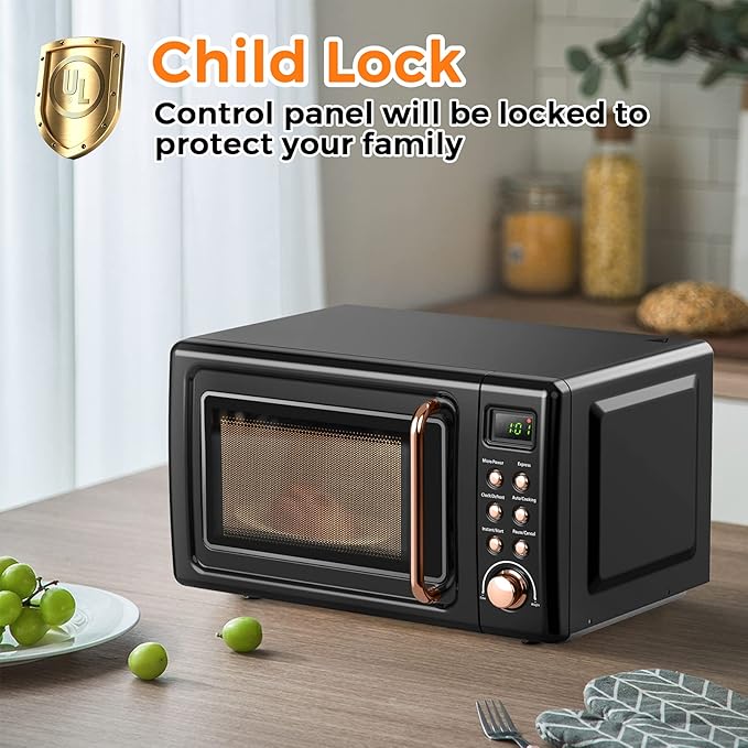 ARLIME Retro Microwave 0.7Cu.ft, 700 Watt Countertop Microwave with 5 Micro Power Defrost & Auto Cooking Function, LED Display, Child Lock, Small Microwave for Kitchen, RV, Dorm (Golden)