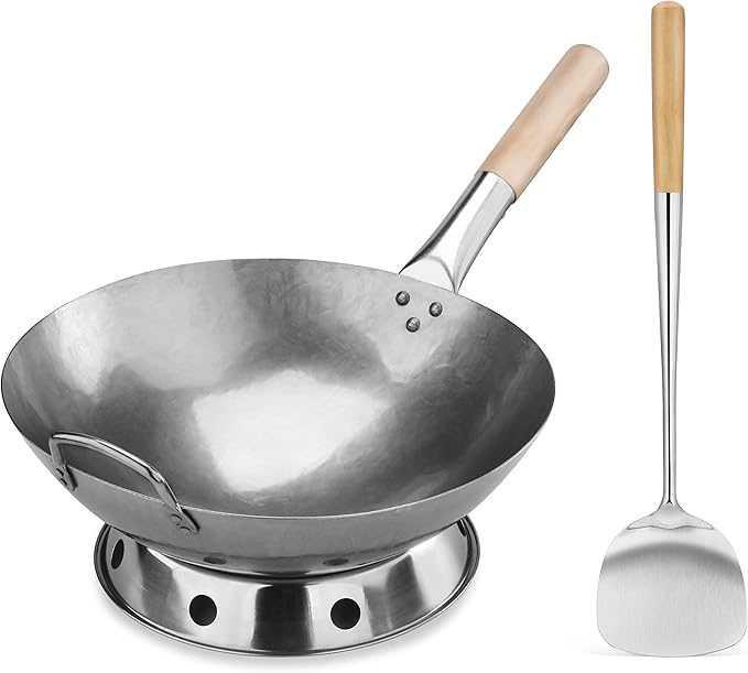 New Star Foodservice Carbon Steel Wok Set - 14" Round Bottom, Hand Hammered With Wood and Steel Helper Handle, Includes Rack/Ring and Spatula (Hand Wash Recommended)