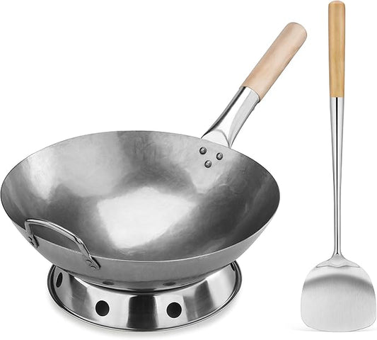 New Star Foodservice Carbon Steel Wok Set - 14" Round Bottom, Hand Hammered With Wood and Steel Helper Handle, Includes Rack/Ring and Spatula (Hand Wash Recommended)
