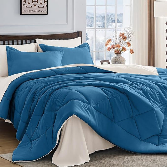HEVUMYI Teal Blue & Ivory Twin Comforter Set - 5-Piece All Season Bed in a Bag Twin, Ultra Soft Bedding Set with Comforter, Flat Sheet, Fitted Sheet, Pillowcases, Pillow Shams, Teal Blue & Ivory