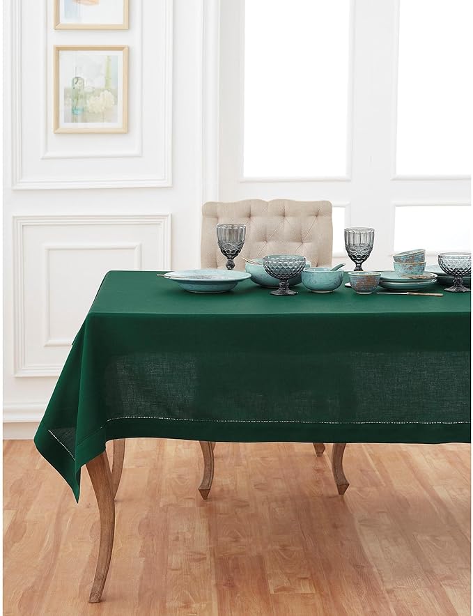 Solino Home Linen Tablecloth for Rectangle Tables 60 x 144 Inch - Classic Hemstitch 100% Pure Linen Rainforest Green Table Cloth - Machine Washable Cloth Tablecloth for Winter, St Patricks Day