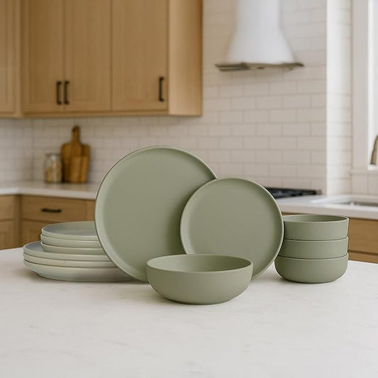 Furrnook 12-Piece Stoneware Dinnerware Set with Mugs | Microwave and Dishwasher Friendly | Stackable Matte Glaze Plates & Bowls | Service for 4