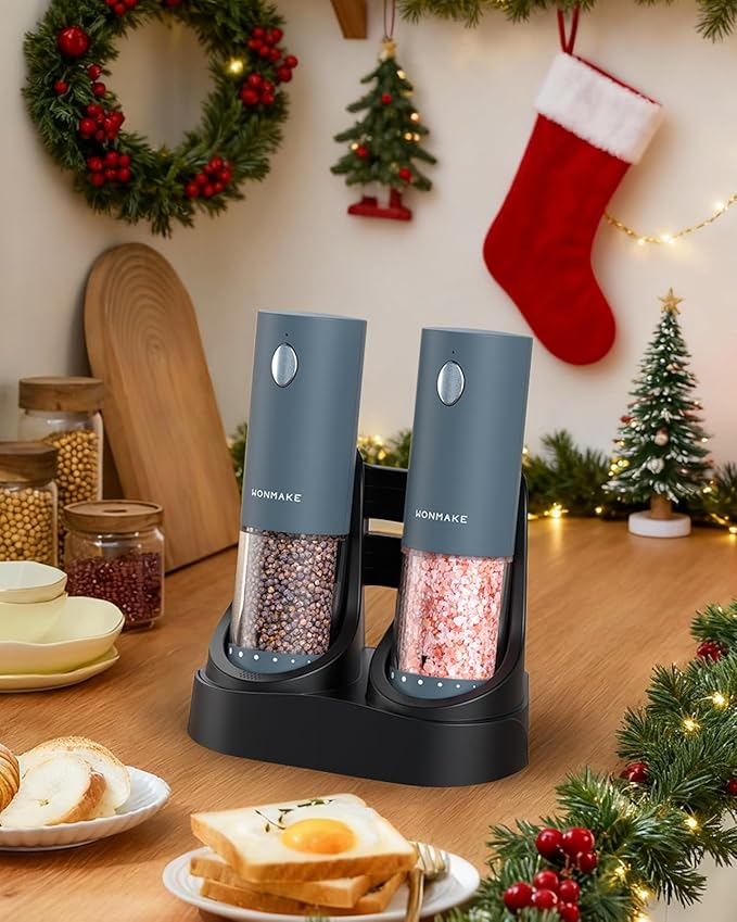 Electric Salt and Pepper Grinder Set - Automatic Refillable Salt and Pepper Grinders with Charging Base & LED Light, 6-Level Adjustable Coarseness with External Dial, Ideal Kitchen Gadget竊똁lue