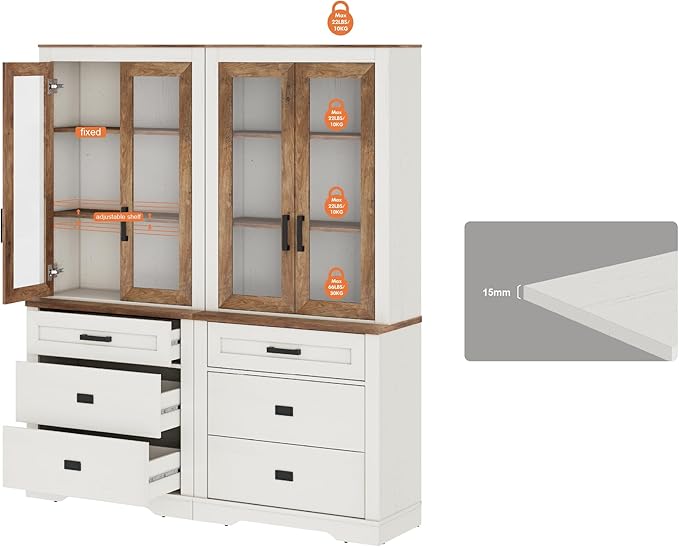 WAMPAT 2 Column 3 Tier Pantry Cabinet with Drawer,73.3" Tall Floor Standing Cupboard,Modern Farmhouse Kitchen Buffet with Adjustable Shelves and Glass Door for Dining Room,Living Room,White Oak