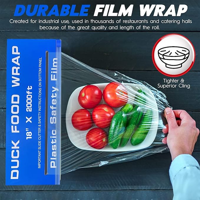 Duck Food Safety Film, 18 inch x 2000ft Plastic Wrap, Commercial Grade, Great for Sealing and Storage, Used for Food Service Industry, Easy to Use Slide Cutter for Clean Cut (1 Box)