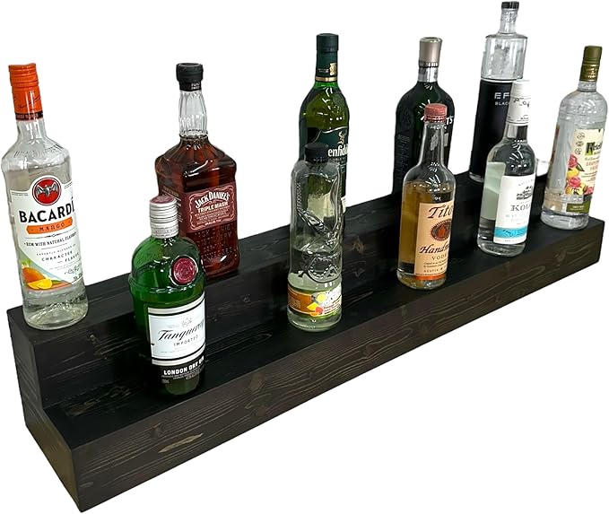2 Tiered Countertop Liquor Bottle Display Shelf ??Holds 26 Bottles Bar Organizers for Wine & Whiskey ??Free Standing Bottle Stand for Home, Bar Decor ??Wooden Kitchen Counter Shelf, Black