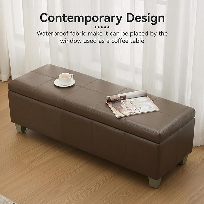 WUTUTUEE 51" Faux Leather Storage Ottoman, Stitch Tufted Rectangle Upholstered End of Bed Storage Bench, Entryway Large Couch Ottoman with Wooden Legs, Coffee