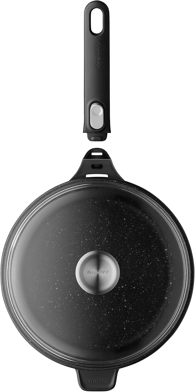 BergHOFF GEM Non-Stick Cast Aluminum Saut챕 Pan 10" 3.4 qt. Stay-Cool, Detachable Handle Glass Lid Ferno-Green, PFOA Free Coating Induction Cooktop Fast Heating Oven Safe